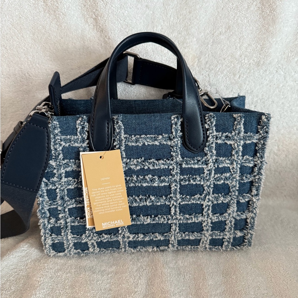 New Michael Kors Denim Small Tote Bag with Geometric Design and Dual Ha…